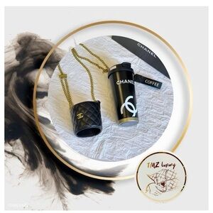 VIP CHANEL Black Quilted Leather Mini Pouch with Gold Chain & Black Logo Tumbler